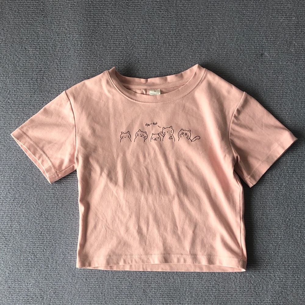 Kids Pink Graphic Tee with Cat Line Art